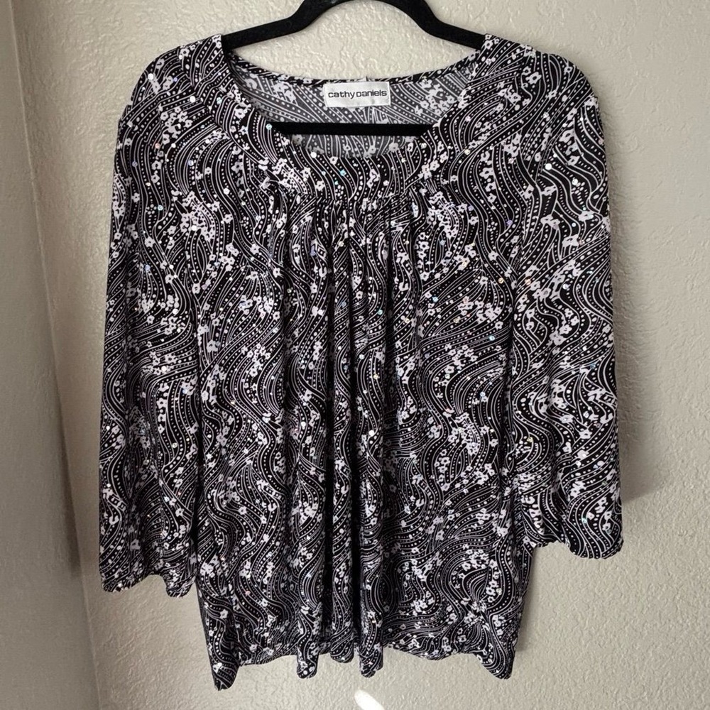 Cathy Daniels Women's L Black/White ¾ Sleeve Blouse‎ Round Neck Sequined - Picture 2 of 10